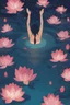 Placeholder: woman floating in water, top view, night time, lotus floating in water, freedom, bust up, sense of liberation