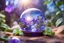 Placeholder: crystal ball shining light blu with plants violets well defintedshining magical landscape with light shining drops