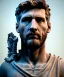 Placeholder: Gran angular, Realistic image, roman sculpture, marble material, Lionel Messi with Laurel wreath model, miguel angel style, emperador, God light, god rays, 4k resolution, perfect details, ornate details, soft lighting, unreal engine 5, soft cyan background.