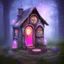 Placeholder: fairy house in the forest, blue and pink lights