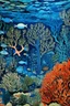 Placeholder: An indigo underwater coral reef designed in Australian aboriginal art painted by Frank Lloyd Wright