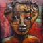 Placeholder: an abstract painting of rusted metal and flowers, african mother nature ,rust, scaffolding, iron cladding, decay, mixed media, textured, anatomically correct, beautiful perfect face, sharp focus, highly detailed