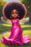 Placeholder: An expressive oil painting image of a chibi black cartoon of a curvaceous woman with flowing of tight curly afro of black hair that's highly detailed, wearing a hot pink maxi dress. She sits relaxed on the grass facing the warm sunlight, which illuminates her face as she looks to the side with a small smile, accentuating her prominent makeup and brown eyes. with green and hot pink roses all around