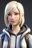 Placeholder: 22 years old, blonde girl, has an angled bob hairstyle. Fortnite version of gwen stacy in full height