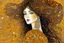 Placeholder: Dynamically dancing long haired brunette woman, in Klimt style, in ochre, watercolor and ink, golden glitters