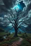 Placeholder: Ground level view of a dramatic storm clouds and blue moonlight glow on an aesthetic remarkable old white oak tree, river, winding path, remote village & mountains, by tomasz allen kopera, dariusz zawadzki, andreja peklar, ivan shiskin, beautiful, colorful, cosmic, ray tracing, sharp focus, hyper detailed,hyper realistic, 50mm prime lens, Rendered in Cinema 4D, awestruck, intricate, lightning,