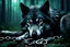 Placeholder: sad small scruffy wolf with a chain around its neck laying down eyes closed, photorealistic, dark fantasy, forest