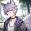 Placeholder: An anime, casual, gray-haired, and lilac-eyed male character with wolf ears and a feline tail