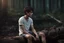 Placeholder: thin 17 year old male with short dark hair and blue eyes wearing a ripped and dirty white teeshirt sitting on a log , photorealistic, 4k, dark fantasy