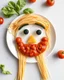 Placeholder: Made a craft a face made by spaghetti and vegetables toping sauce