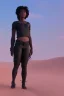 Placeholder: 3D render of a cyberpunk tribal young black woman, black hair, ragged shirt, on a orange dune background, digital art