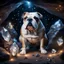 Placeholder: Hyper Realistic bulldog guarding silver crystals with fireflies in a cave at night