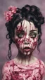 Placeholder: full color, illustration of a darkred and pink tones, menacing, Singer Melanie Martinez face, as a decayed, broken, skin turned translucent, black veins that extended like roots beneath her skin, latex suit, crude homemade cloth doll toy, with a narrow cracked porcelain face, thick dark eyebrows, hair in two gradually, made from ragged strips of cloth, in the style of Alex Pardee, Tim Burton, and Nadya Sheremet