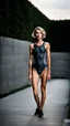 Placeholder: beautiful anorexic woman, total shot, short anthracite triathlon swimsuit, short blond wavy bob hair, blurred concrete background