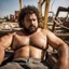 Placeholder: extreme close up photography of a sicilian ugly burly serious wet sweaty, muscular chubby strong fat carpenter, shirtless, boxer, bulge, manly chest, very hairy allover, big goatee 26 years old, curly hair, sit sleeping with open legs on a little chair , on a construction site in the middle of a road, under the August sun, emotional eyes, , hyper-realistic, photorealistic , frontal view from the ground