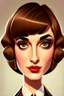 Placeholder: cartoon portrait of a very feminine, brunette sexy European stewardess lady with bob cut and strong makeup, big smoky eyes, pouty inviting lips and large golden earrings