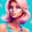 Placeholder:  beautiful girl, smiling, longsand blonds hairs,blue eyes , realistic, pink turquoise light and stars