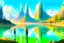 Placeholder: Sunny day, distant modern city, lake, lake reflections, people, mountains, sci-fi