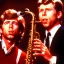 Placeholder: eyes closed REd-haired ron howard as richie from happy days Is blowing the saxophone with his "eyes closed", rock band, looking at camera