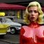 Placeholder: Ultra Realistic retro sci-fi afire Supermarket parking scene, 1960 year, blonde woman, sweet scarlet Johansson face, perfect iris, glow eyes, face makeup, tight latex coat; many panic people looking, Retro sci-fi style, soft color, highly detailed, unreal engine 5, ray tracing, RTX, lumen lighting, ultra detail, volumetric lighting, 3d, finely drawn, high definition, high resolution.