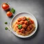 Placeholder: Pasta spaghetti with meat ball in tomato sauce on a plate over light grey slate, stone or concrete background. Top view with copy space.