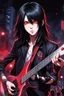 Placeholder: A portrait of 30 years old chthonic metal guitarist at a midnight concert, manly facial features, red creepy alien bug eyes, black hair, athletic build, dynamic, in the style of manga "Rosario+Vampire"