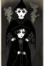Placeholder: 7 year old boy, necromancer, friendly, looks dead, surrounded by weird smoke with eyes, wearing black robes, in the style of Harry Clarke
