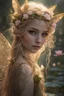 Placeholder: Pointed elven ears,Blonde hair ,Pink dress,Sparkling fairy wings,Very long golden hair,Fairy crown,pointed ears,elven ears,fairy wings,water lilies,sparkling,glittering,flowers,blossoms,golden crown,light pink dress