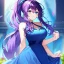 Placeholder: Clear focus, 8k, beautiful lighting, vibrant colors, girl, purple hair, long hair, vibrant blue eyes, ponytail, messy hair, blue dress,