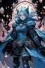 Placeholder: Dark Souls manga-style androgynous girl with pale pink hair, metal tiara, and blue warrior eyes, with medium blue armor, in a black coat, with dark blue gems in her greaves and gauntlets, holding two curves black claymores in both hands, with fight spirit in her eyes, jumping