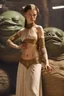 Placeholder: . Mia Goth in princess Leia's slave costume of the Return of the Jedi, close to Jabba the Hutt.