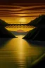 Placeholder: Crea una imagen al estilo de David Friedrich que represente un río en calma sobre el que se erige un puente con luces al atardecer