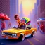 Placeholder: A one-year-old boy rides in the plastic funny toy-car on the middle of a busy street in new york. He has and a large-brimmed straw hat. somehow photographic bright colors and sunset, fantasy art, Anna Dittmann, digital painting, dan mumford, oil on canvas, jeff koons, akihito yoshida, wlop, kodachrome,