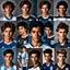 Placeholder: 85mm DSLR color photography of a very detailed headshot fitting all of head and hair in frame. 19-year-old Argentine soccer player, and with no facial hair and has no facial hair, has short and black hair with a small smile, grey background