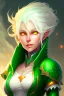 Placeholder: fantasy setting, woman with orange and white hair, white hair, green eyes