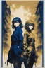 Placeholder: poster in two gradually, one girl illustration by <Yoji Shinkawa> and one girl illustration by <John Kenn Mortensen>, darkblue and gold tones,