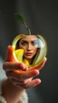 Placeholder: Chrystal Apple in a hand of beautiful women reflecting her face in the apple