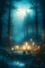 Placeholder: CANDLES ARE BURNING IN A WONDERFUL CLEARING IN A MAGICAL FOREST, THE NIGHT IS FULL MOON, SNOW, MAGIC Watercolor, double Chinese rose bush, ultra-detailed, morning, rain, greenery, beautiful landscape, fog, many details, delicate sensuality, realistic, high quality, 3d, work of art, hyperdetalization, filigree, foggy haze background, hyperrealism, professional, transparent, delicate pastel tones, back lighting, contrast, fantastic, unreal, translucent, glowing, clear lines, epic fabulous, fab