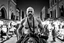 Placeholder: man looking like "Walter White" in breaking bad tv show, bald and goatee, with bare chest riding on a camel in a alley Casablanca town, panorama, black and white photo, lot of markets and people in background, camera in the back of him