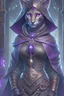 Placeholder: Realistic D&D character portrait, humanoid female tabaxi sorceress, smooth face with no designs on face, not wearing a hood on her head, tufts of white fur poking out of the ears, black fur on face, colorful fantasy, detailed, realistic face, digital portrait, intricate cloak black trimmed with silver and purple, background is nighttime forest scene with mist, flowing black purple and silver skirt, fiverr dnd character, wlop, stanley artgerm lau, ilya kuvshinov, artstation, HD, octane render