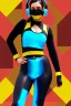 Placeholder: Adaptive photograph. Geometric 3D tiling on the background. Lightly armored, electronic circuit. Cyber-punk full-mask. woman full-covered face mask. Bronze color Yellow Black Cyan. AKG headphones, golden rings & disc. Selfie both hands. Thick tights. Thick calves. Curved fell. Wide hip. Flat belly. Ancient artifact cables between. Perfect, Tron Movie. Lay figure. Haute Couture 1990's. Light from right