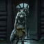 Placeholder: fantasy digital art of young female anthro wolf in gray hairy wolf body and wears just a short canvas rag around her waist , sad face stands at the rain front the door, behind her an tall anthro dark hairy wolf man standing behind in rustic halb open door in an massive wooden house, deep colors, rainy day, detailed, anthropomorphic creatures, fantasy, sci-fi mood