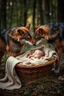 Placeholder: A baby sleeping in a basket covers by a blanket in the middle of a forest . Two wolfs standing by the basket kissing the baby’s face