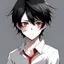 Placeholder: cool and sad boy anime black hair red eyes and white shirt