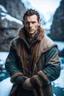 Placeholder: close up portrait of psionic christian slater ancient half elf half orc shaman thief in inviting pose on ice stone bridge wearing winter jacket, book cover