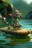 Placeholder: danish elf pixie hippie creature on small raft, in the style of fantasy movies, photorealistic, shot on Hasselblad h6d-400c, zeiss prime lens, bokeh like f/0.8, tilt-shift lens 8k, high detail, smooth render, unreal engine 5, cinema 4d, HDR, dust effect, vivid colors