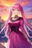 Placeholder: girl, masterpiece, best quality, cinematic lighting, detailed outfit, perfect eyes, long hair, pink hair, twin tail, pink eyes, vibrant colors, pink outfit, landscape, sunset, pink sky, town,