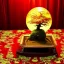 Placeholder: large glass globe with ultra-fine detailed bonsai tree on a red and gold tablecloth, beautiful, peaceful, gorgeous, flickering light, ornate, baroque, 8k, high-quality, fine-detail, intricate, digital art, brian froud, howard lyon, selina french, anna dittmann, annie stokes, Greg Rutowski