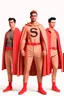 Placeholder: three men in different Balenciaga Superman's emblem clothing, beige tones, fashion plates, deconstructed tailoring, rendered in cinema4d –q 2 –ar 3:5