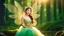 Placeholder: A gorgeous smiling Asian model in a fairy outfit with great glittering wings in a magic forest with 1000 y/o trees, a small torrent, loads of mini flowers, moss, sun rays through the branches, particles in the air at dawn spring